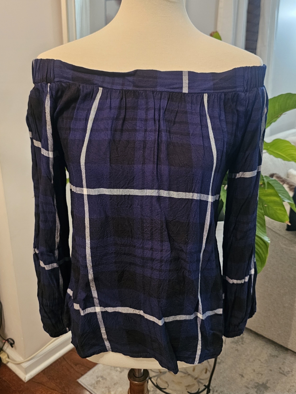 Navy Plaid Off-Shoulder Blouse